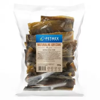 Suņu kārumi PETMEX Mežacūkas āda 500 g – dabīgi graudu nesaturoši košļājamie našķi ar brieža garšu, olbaltumvielas 88,2%, tauki 4,1%