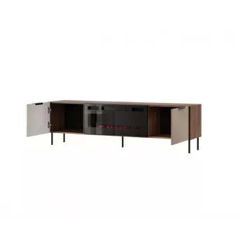 TV skapis Cama Meble ALMERA 180.5×42×52.5 cm valrieksts/krems ar melnu kamīnu