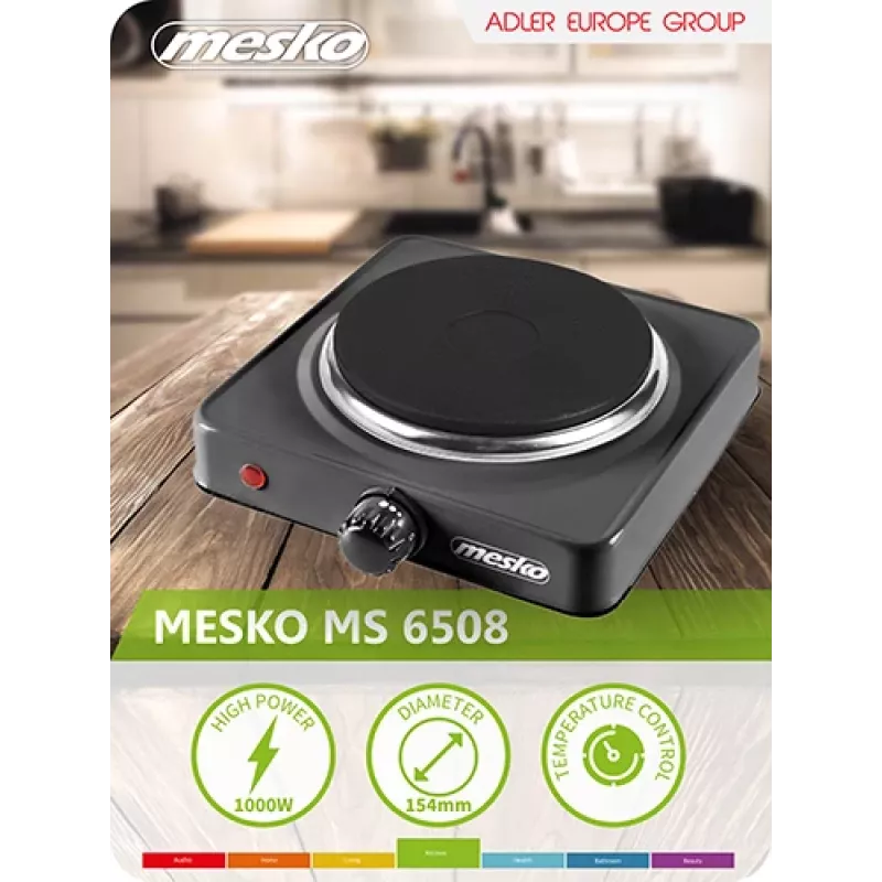 Mesko Home MS 6508 melnā virsmas plīts ar noslēgtu plāksni, 1 zona