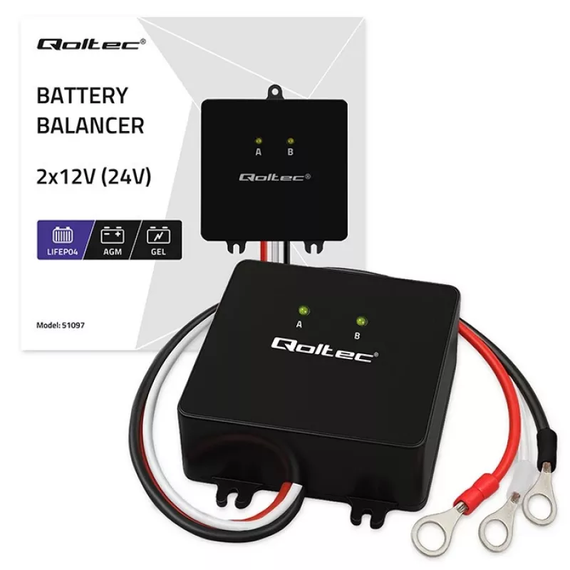 Bateriju sprieguma balansētājs QOLTEC 51097 24V (2×12V) akumulatoriem, 5A balansēšanas strāva
