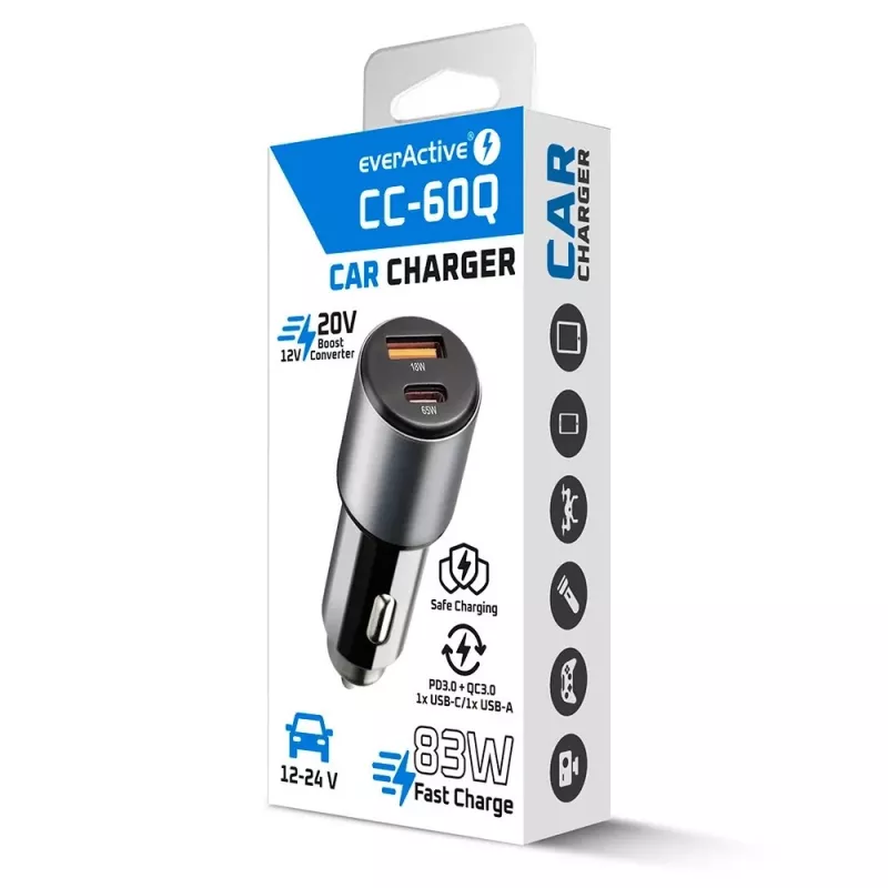 Auto lādētājs everActive CC-60Q, QC3.0, līdz 83W, USB auto barošanas adapteris