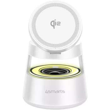 Bezvadu lādētājs 4smarts Qi2 Aura Sound Balts – Qi2 ātra bezvadu uzlāde ar iebūvētu skaļruni