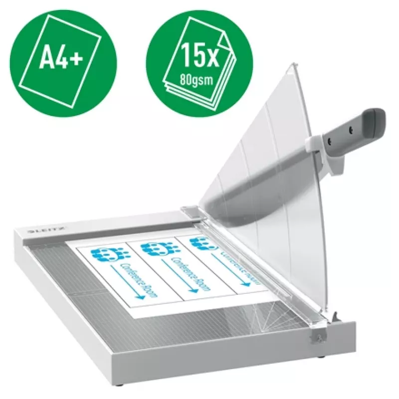 Leitz Precision Office Papīra Griezējs A4+, 15 loksnes, Manuālā skava, Nerūsējošais tērauds, A4 Maxi, 80 g/m², Stikls