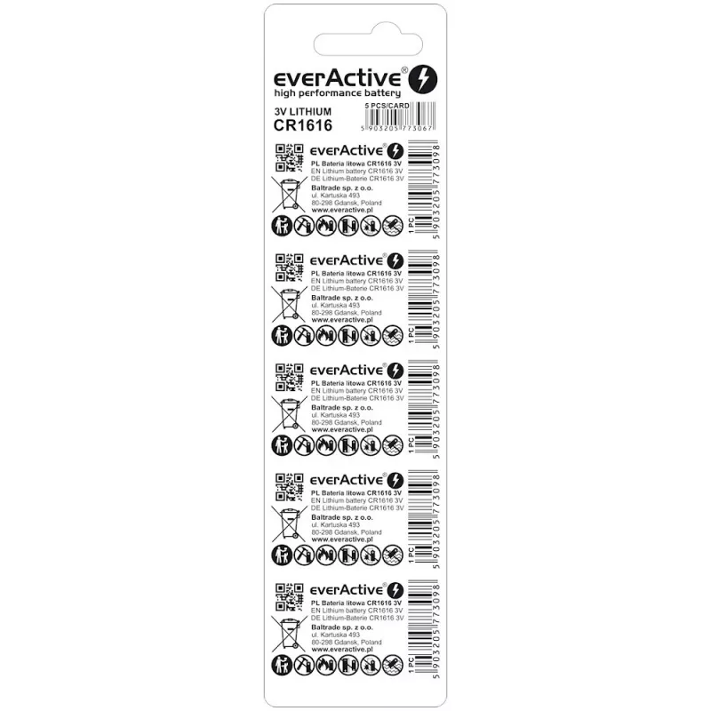 Monētu baterija everActive CR1616 3V, 50 mAh, 16 mm – 5 gab. iepakojums