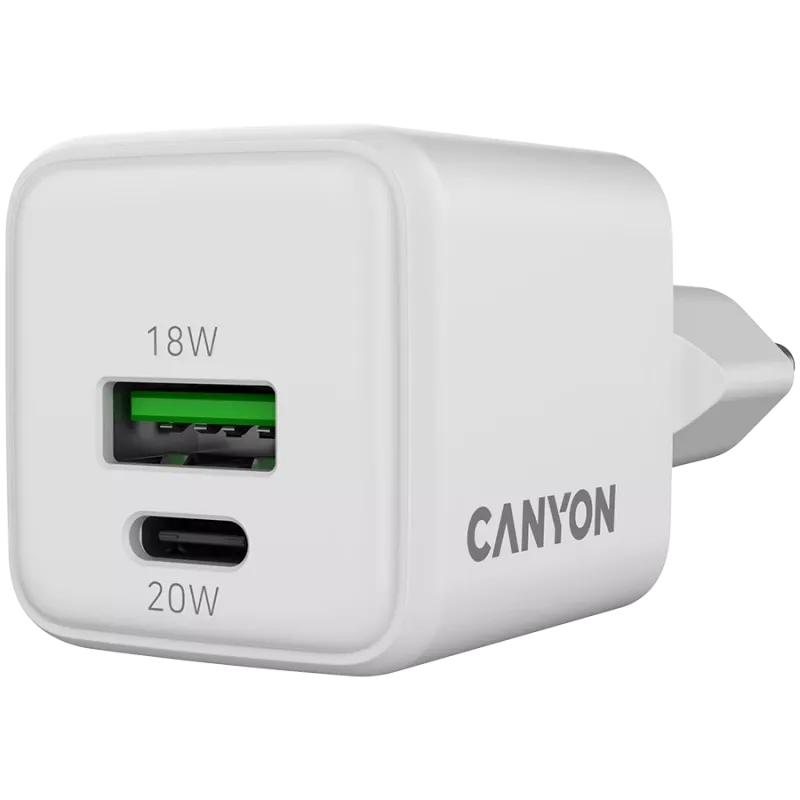 Canyon CU20AC GaN 20W PD lādētājs, 2 porti (USB-A/USB-C), balts