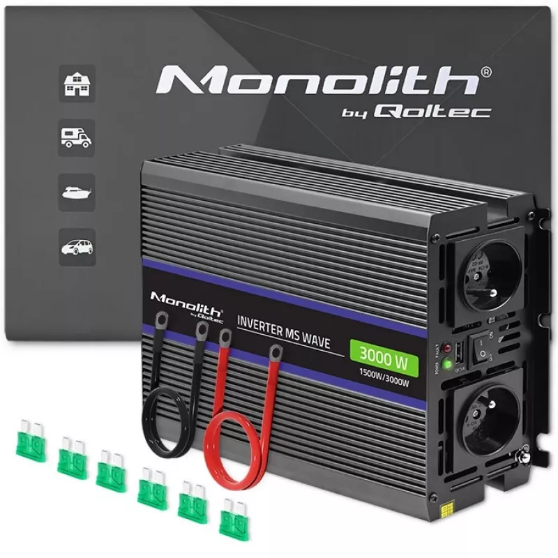 QOLTEC Monolith 3000 MS Wave tīkla invertors, 12V→230V, 1500/3000W, ar USB