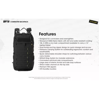 Ceļojumu mugursoma Nitecore BP18 — melna, neilons/poliesteris, 240×160×470 mm
