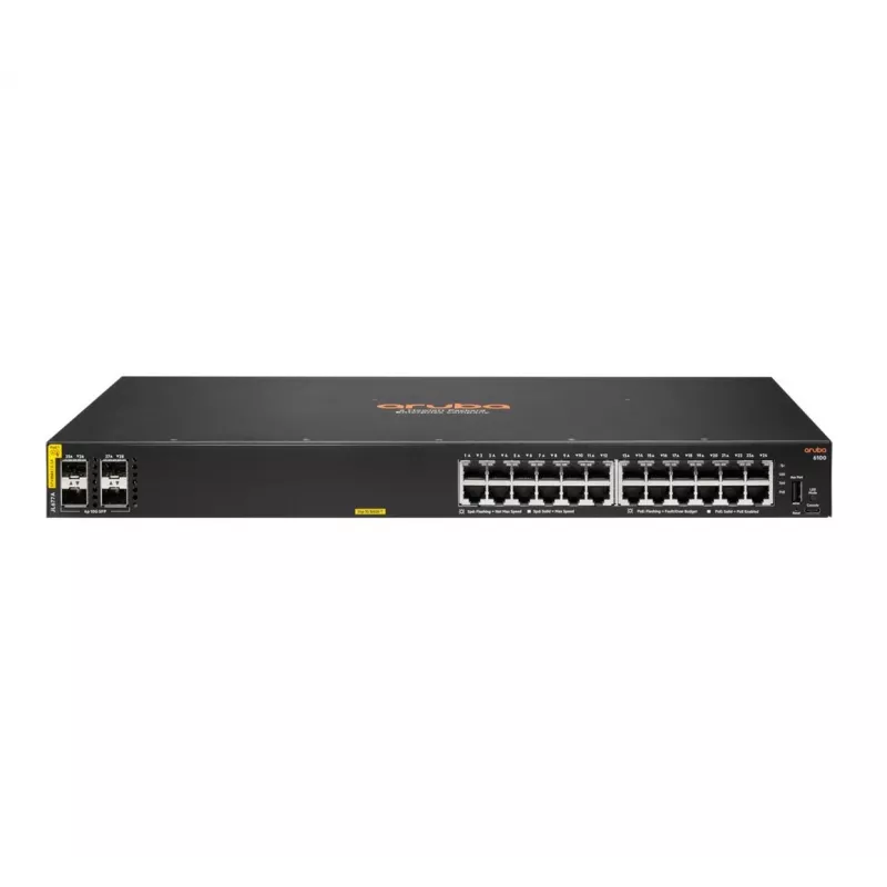 HPE Aruba Networking CX 6100 24G Class4 PoE 4SFP+ 370W Pārvaldāms L3 Gigabit Ethernet (10/100/1000) Power over Ethernet (PoE) 1U Melns