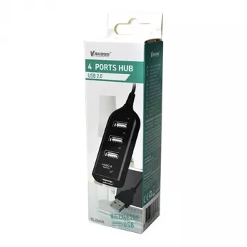 VAKOSS USB centrmezgls TC-234UX — 4 portu USB 2.0 centrmezgls, līdzstrāvas barošana (5V, 1A), melns