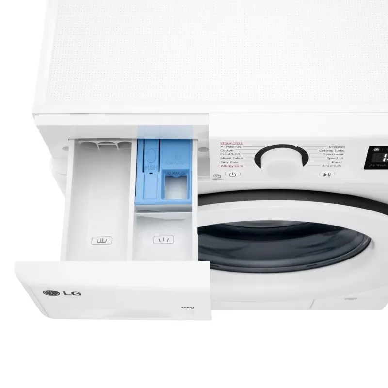 LG F2WR508SWW priekšējās ielādes veļas mašīna, 8 kg, 1200 RPM, tvaika funkcija