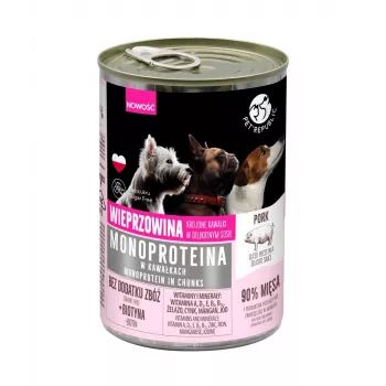 Slapjā suņu barība PetRepublic Monoprotein Pork 400 g — vienas olbaltumvielas cūkgaļas recepte