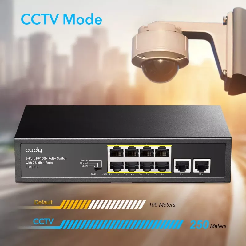Nepārvaldāms tīkla slēdzis Cudy FS1010P ar 8 PoE+ un 2 uplink portiem, Fast Ethernet (10/100), 120 W, melns