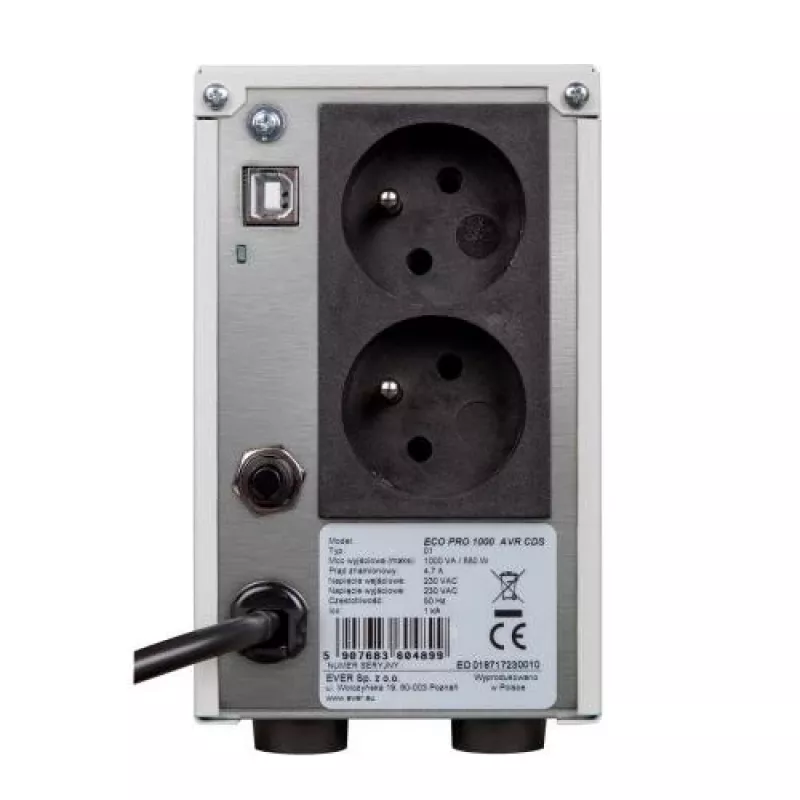 EVER ECO Pro 1000 AVR CDS - UPS - 230 V - 650 W - 1000 VA 5 Ah - USB - 2 kontaktligzdas - Balts