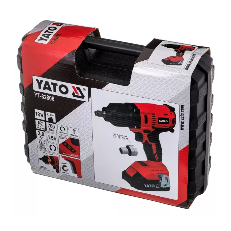 YATO BEZSUKU TRIECIENA UZGRIEŽŅU ATSLĒGA 18V LI-ION 1/2 inch 1x3,0Ah 700Nm