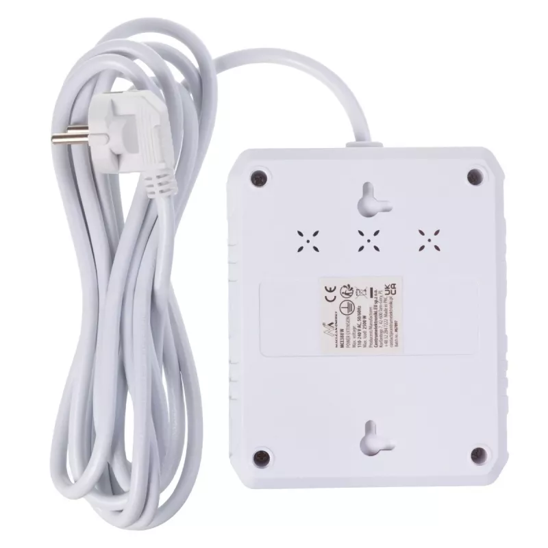 Strāvas sloksne MACLEAN MCE388 W — 2 kontaktligzdas, 3×USB, 110–240V, 2500W, 3 m vads, balta