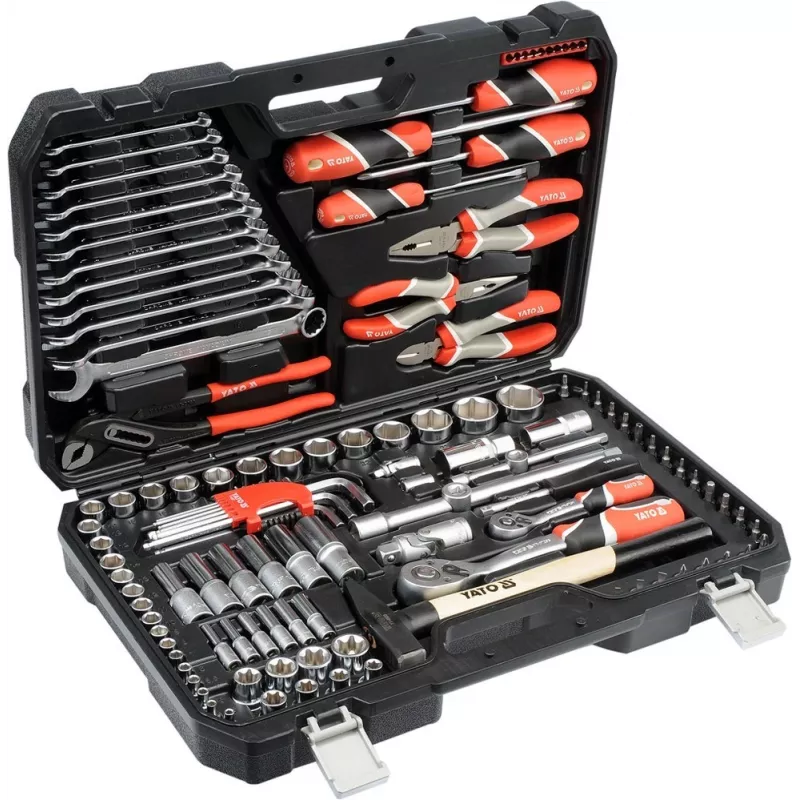 Mehāniķa instrumentu komplekts YATO YT-38901 — 122 daļas, uzgriežņu atslēgas 12–32 mm, griežņi, skrūvgrieži, āmurs, knaibles, hromēts