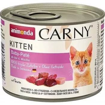 Slapjā kaķu barība animonda Carny Baby Paté 200 g — liellops & vista, bezgraudu, kaķēniem, viegli atverama skārdene