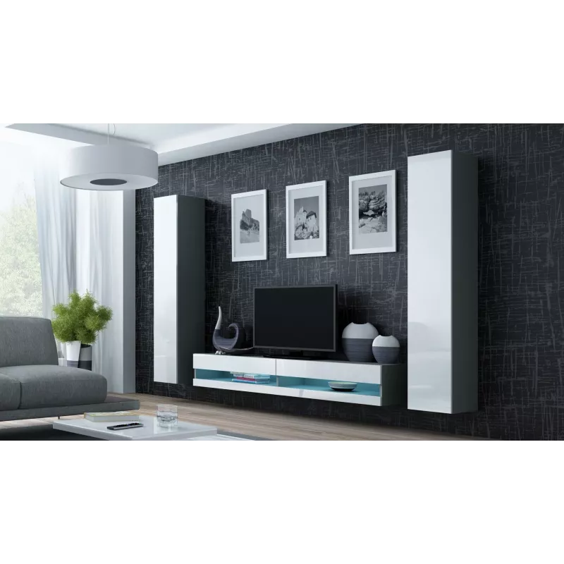 TV statīvs Cama Meble VIGO NEW 30/140/40 — 1400×400×300 mm, pelēka virsma, pelēks rāmis, balti spīdīgi priekšējie paneļi