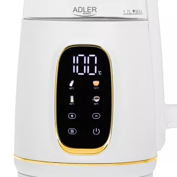 Elektriskā tējkanna Adler AD 1305WG — 1,7 L, 2200 W, stikls/plastmasa, balta/zelta/caurspīdīga