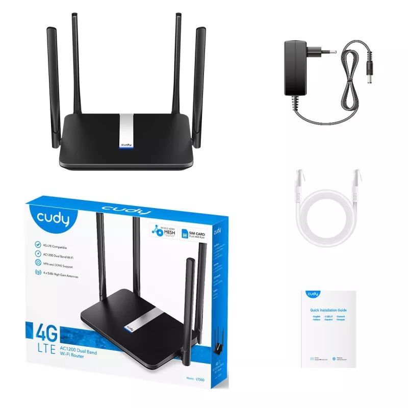 Cudy LT500 bezvadu maršrutētājs, 4G LTE, divjoslu Wi-Fi AC1200, Fast Ethernet, melns