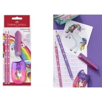 Rakstāmpiederumu komplekts Faber-Castell Vienradzis Rozā — modelis 111518, dažādi zīmuļi un aksesuāri