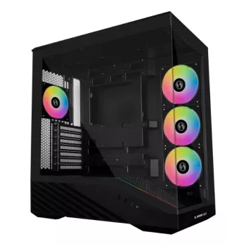 PC korpuss Lian Li Vector V100 Midi Tower — Melns ar caurspīdīgu paneli, atbalsta 3×120mm sānu + 1×120mm aizmugures ventilatorus, 3.5 collu HDD, 2.5 collu SSD, 235.5×446×484.6 mm