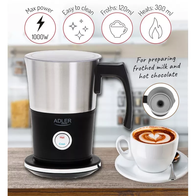 Automātiskais piena putotājs Adler AD 4497 — nerūsējošais tērauds, 600W, puto 120 ml / silda 300 ml, karstā un aukstā