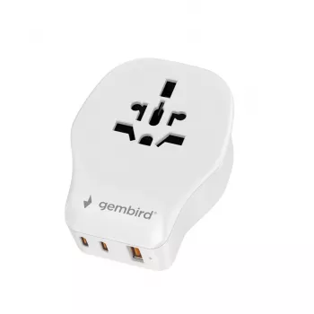 Ceļojumu sienas lādētājs GEMBIRD TPA-1A2C20-02-W 20W — 1×USB-A + 2×USB-C, G tipa kontaktdakša, 100–250V, balts