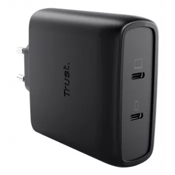 TRUST Maxo 100W 2-Port USB-C GaN Lādētājs — 100 W, 2× USB-C, 20 V max, 2 m kabelis, melns