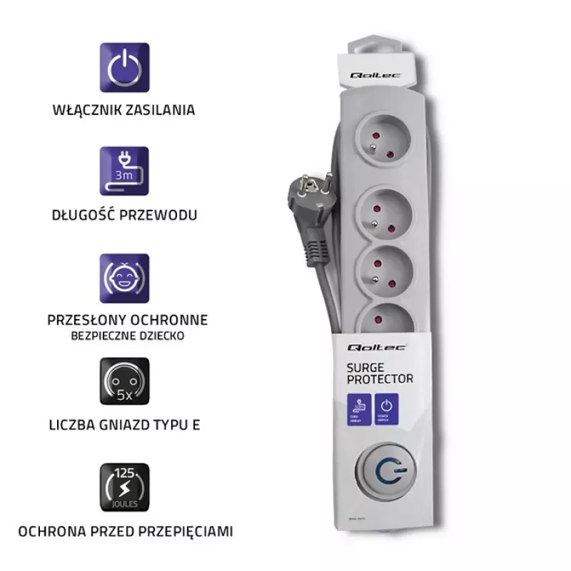 Pārsprieguma aizsargs Qoltec 50272 Pelēks 5 AC Kontaktligzdas 230V 3m