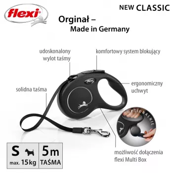 Flexi New CLASSIC 5 m Melna suņa izvelkamā pavada