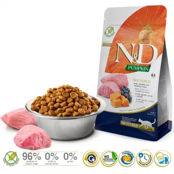 FARMINA N&D Pumpkin Cat Lamb and Blueberry Neutered Adult - sausa kaķu barība - 1.5 kg