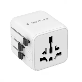 Universāls ceļojuma strāvas adapteris GEMBIRD TPA-INT-01-W — ieeja 100–250V, G tipa kontaktdakša, kompakti izmēri 84×56×85 mm
