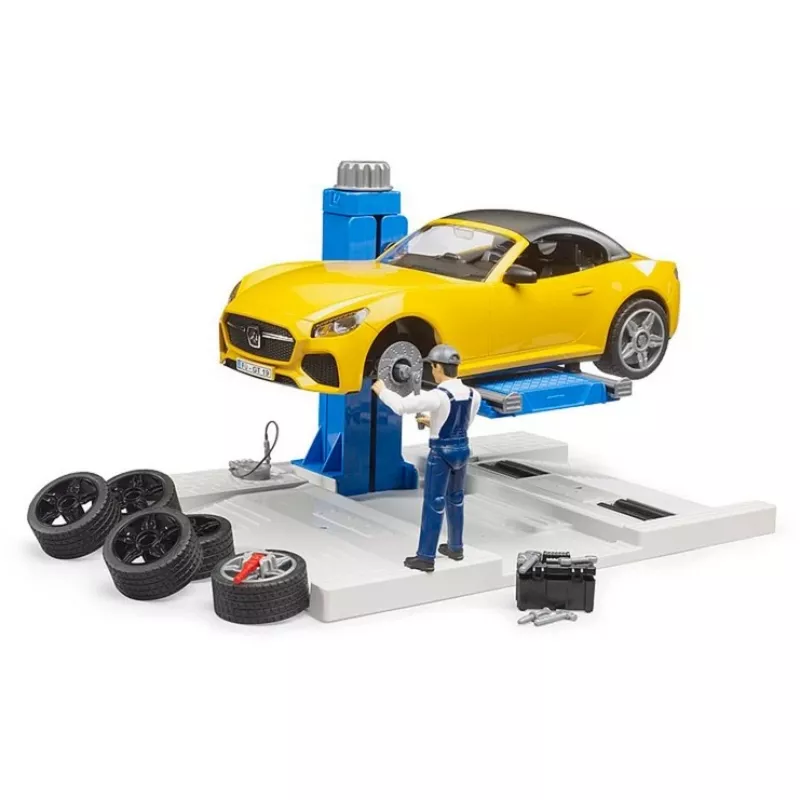 BRUDER Autoservisa centrs bworld 62112 ar Roadster rotaļu komplektu, papildu figūrām un darbnīcas elementiem