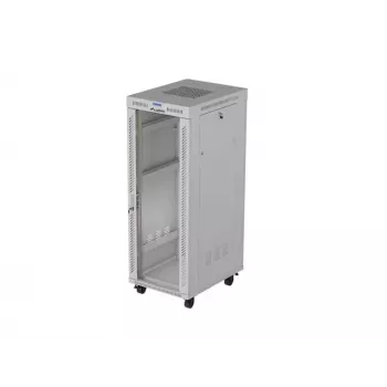 19 collu 32U LANBERG stāvošs skapis 600×800 mm pelēks ar stikla durvīm un LCD (Flat Pack)