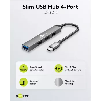 Goobay Slim 4-Portu USB-Hubs, USB-C™ uz USB-A, USB 3.2 (74457)
