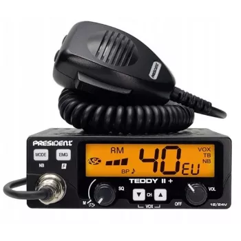 CB radio President Teddy II+ — 40 kanāli, 4 W jauda, 12/24 V, trokšņu slāpētājs, 125×125×45 mm