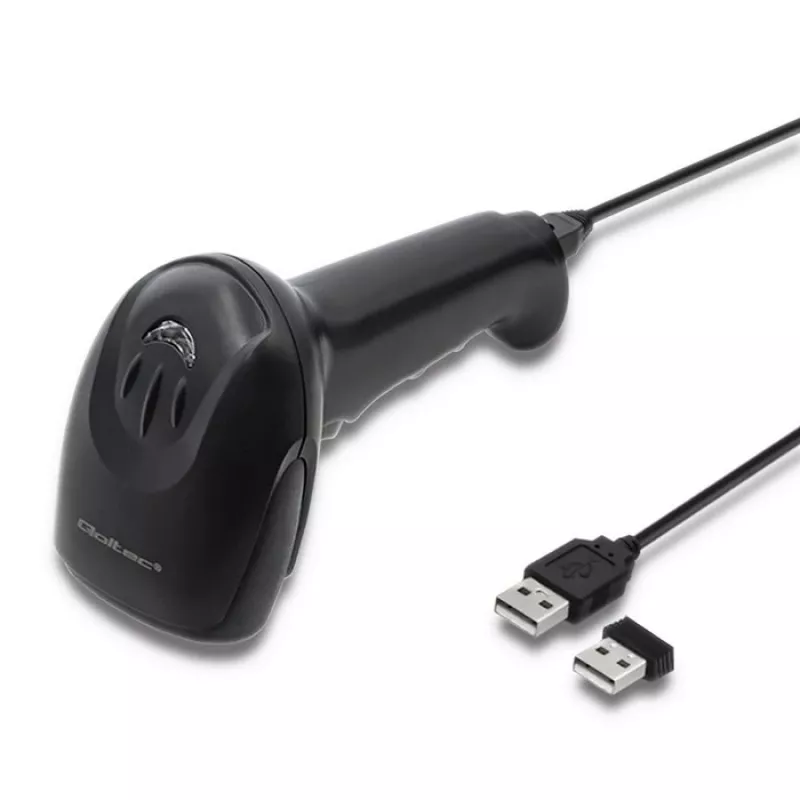 Rokas svītrkodu lasītājs QOLTEC 50868 — 1D/2D lāzera skeneris, USB vads un bezvadu, darba attālums 600 mm, melns