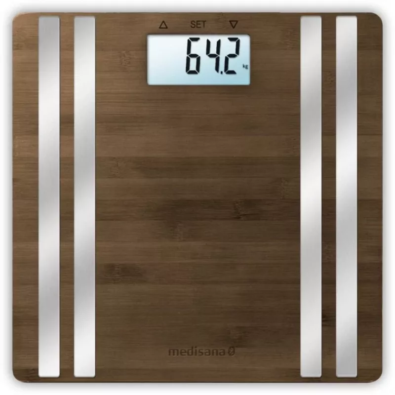 Medisana BS 552 elektroniskie personīgie svari — sudraba bambusa virsma, maks. 180 kg, 100 g precizitāte, Bluetooth, ĶMI, ķermeņa sastāvs