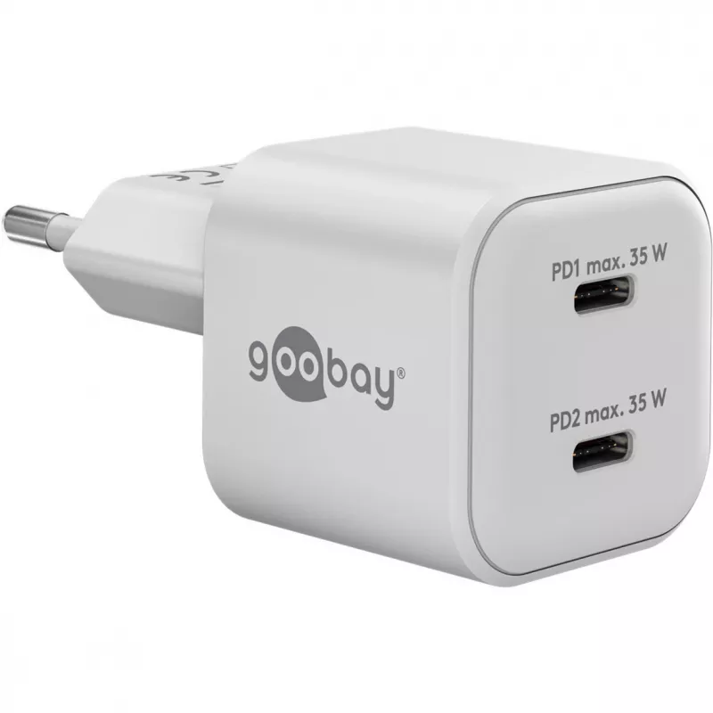 USB-C Divu Ātrās Uzlādes Lādētājs Nano, PD, GaN, 35 W (Balts, 2x USB-C, Power Delivery 3.0)