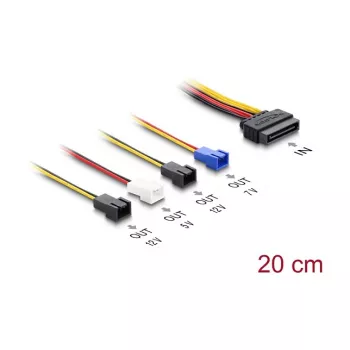 DELOCK strāvas kabelis SATA 15-pin uz 4×2-pin ventilatoram (12V / 7V / 5V), 20 cm