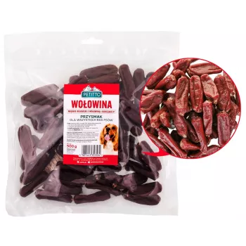 Suņu gardumi PETITTO Soft beef sausages 500 g — mīkstie treniņu našķi, 33% olbaltumvielas, 4% tauki, bez lipekļa un cukura