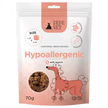 Sausais suņu kārums PAKA ZWIERZAKA Pepe VET Hypoallergenic Insect 70 g — hipoalerģisks gardums ar kukaiņu olbaltumvielām, proteīns 16%, tauki 12%