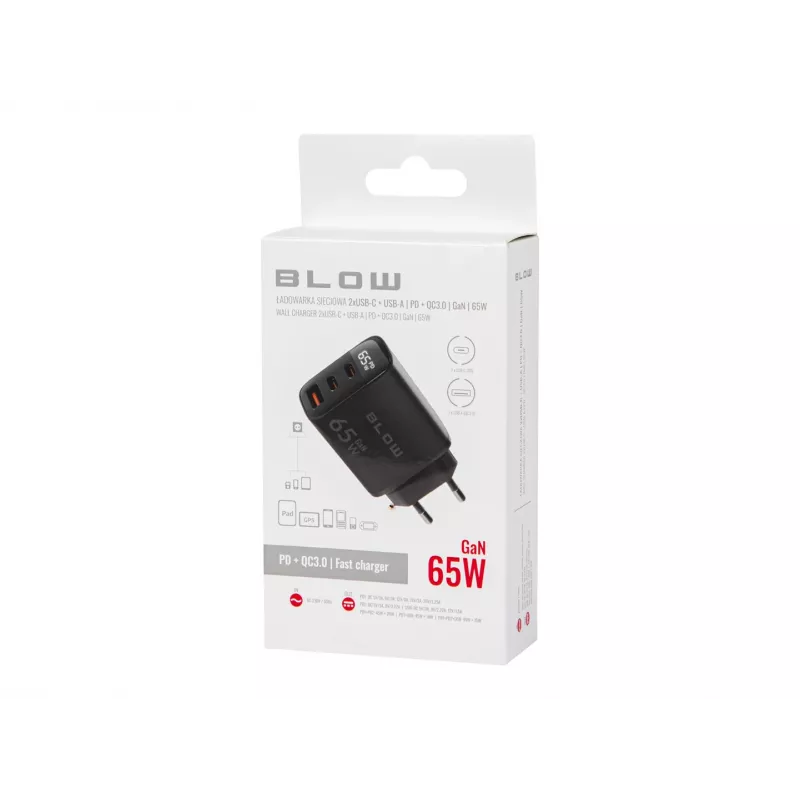 LCD sienas lādētājs USB ligzda + USB-Cx2 PD 65W GAN melns vatmetrs