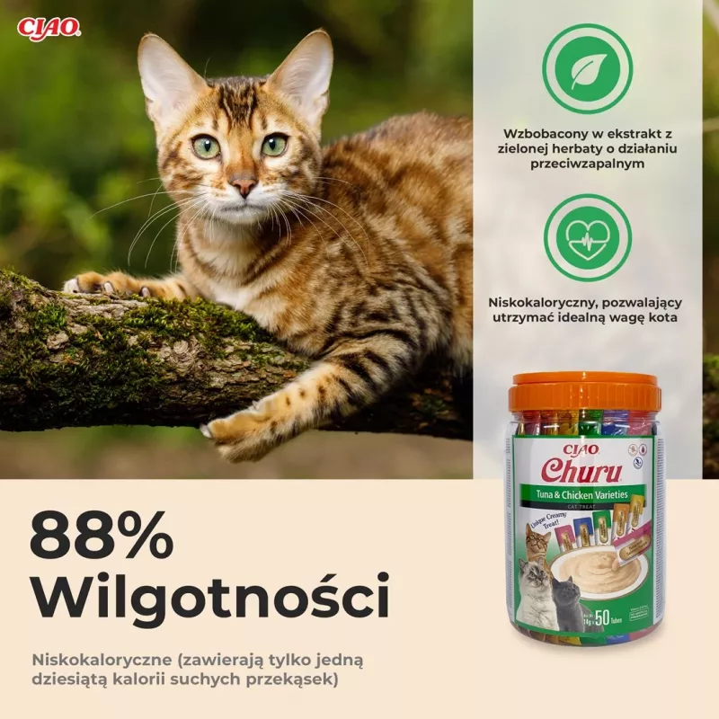 Slapjie kaķu gardumi INABA Churu Varieties – Vistas un tuncis, 50 x 14 g pastas tūbiņas, bezgraudu, bez lipekļa un bez cukura