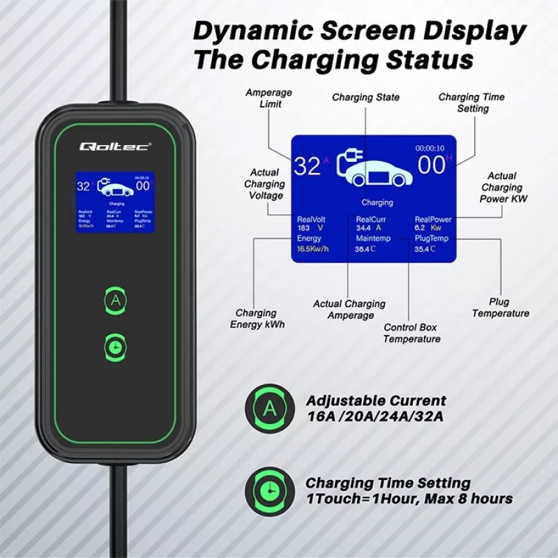 Qoltec Mobilais EV Auto Lādētājs Regulējams 2in1 Type2 | 7kW | 230V | CEE 3 PIN | Wi-Fi | LCD | Pārnēsājams | Wallbox | 5m