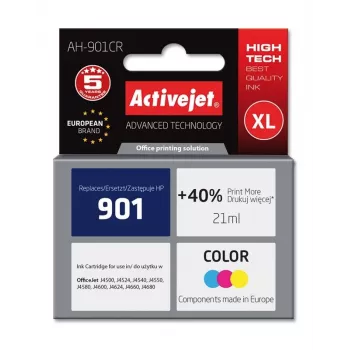 Saderīga tintes kasetne ActiveJet AH-901CR Krāsu (High XL, uz tintes bāzes, 21 ml, ciāna/magenta/dzeltena)