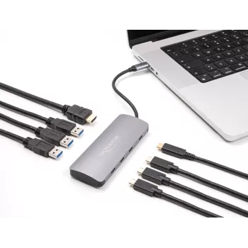 USB-C centrmezgls DELOCK 64323 — USB 3.2 Gen 2 Type-C, HDMI + 2× USB-A + 2× USB-C, 10 Gbit/s, pelēks