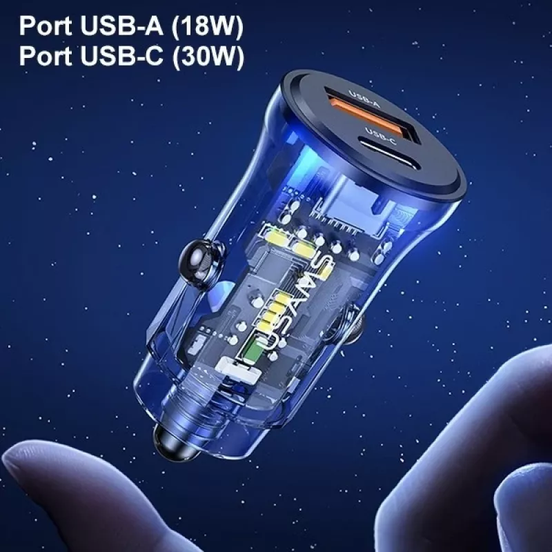 usams CC164CC01 30W auto lādētājs ar 1×USB-A un 1×USB-C ātrai uzlādei