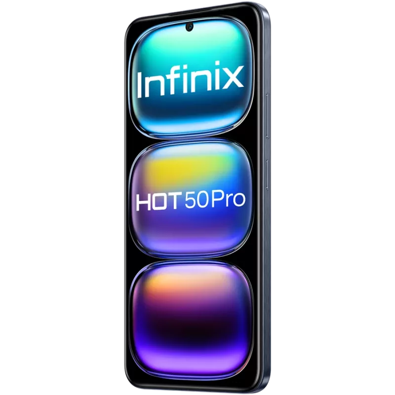 Viedtālrunis INFINIX HOT 50 PRO — 6.78 collu FHD+ ekrāns, MediaTek Helio G100 Ultra, 8 GB RAM, 256 GB, 50 MP, Android 14, 5000 mAh, Dual SIM, IP54, Melns